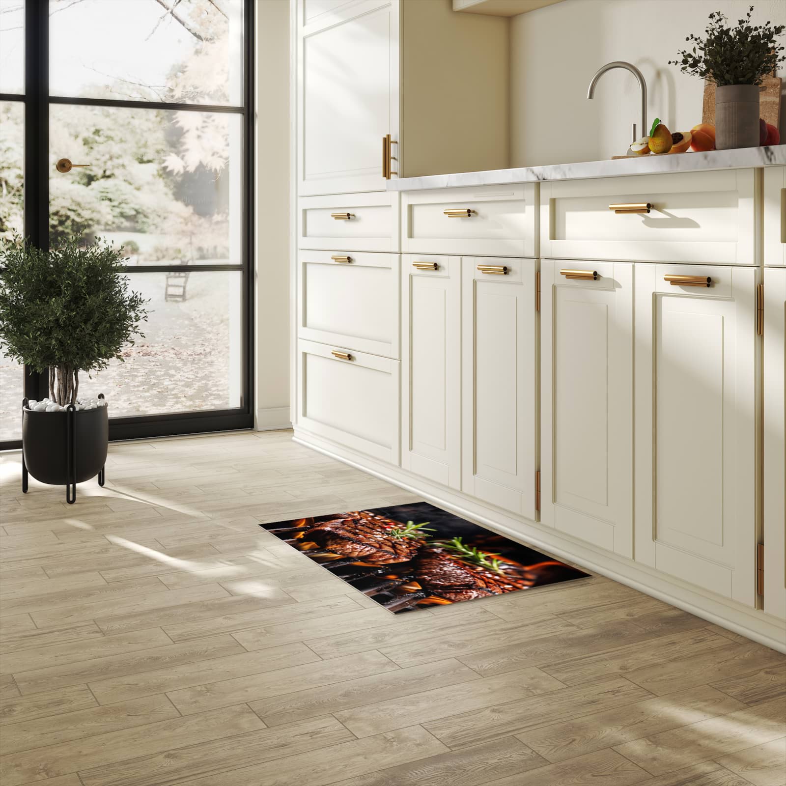 Farbbeständiger Küchenteppich mit Motiv Gegrillte Steaks in heller Küche