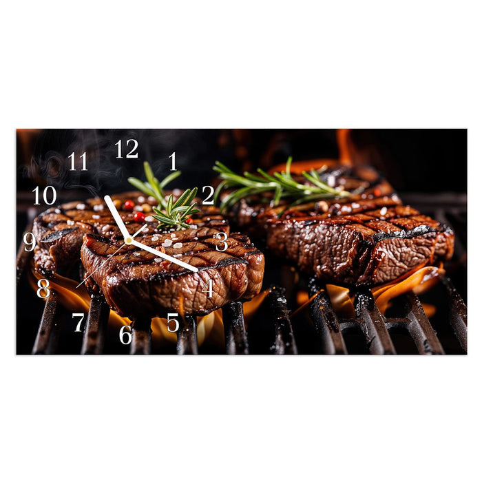 Wanduhr Gegrillte Steaks aus Glas – Querformat 60 × 30 cm mit Ziffernblatt Klassisch