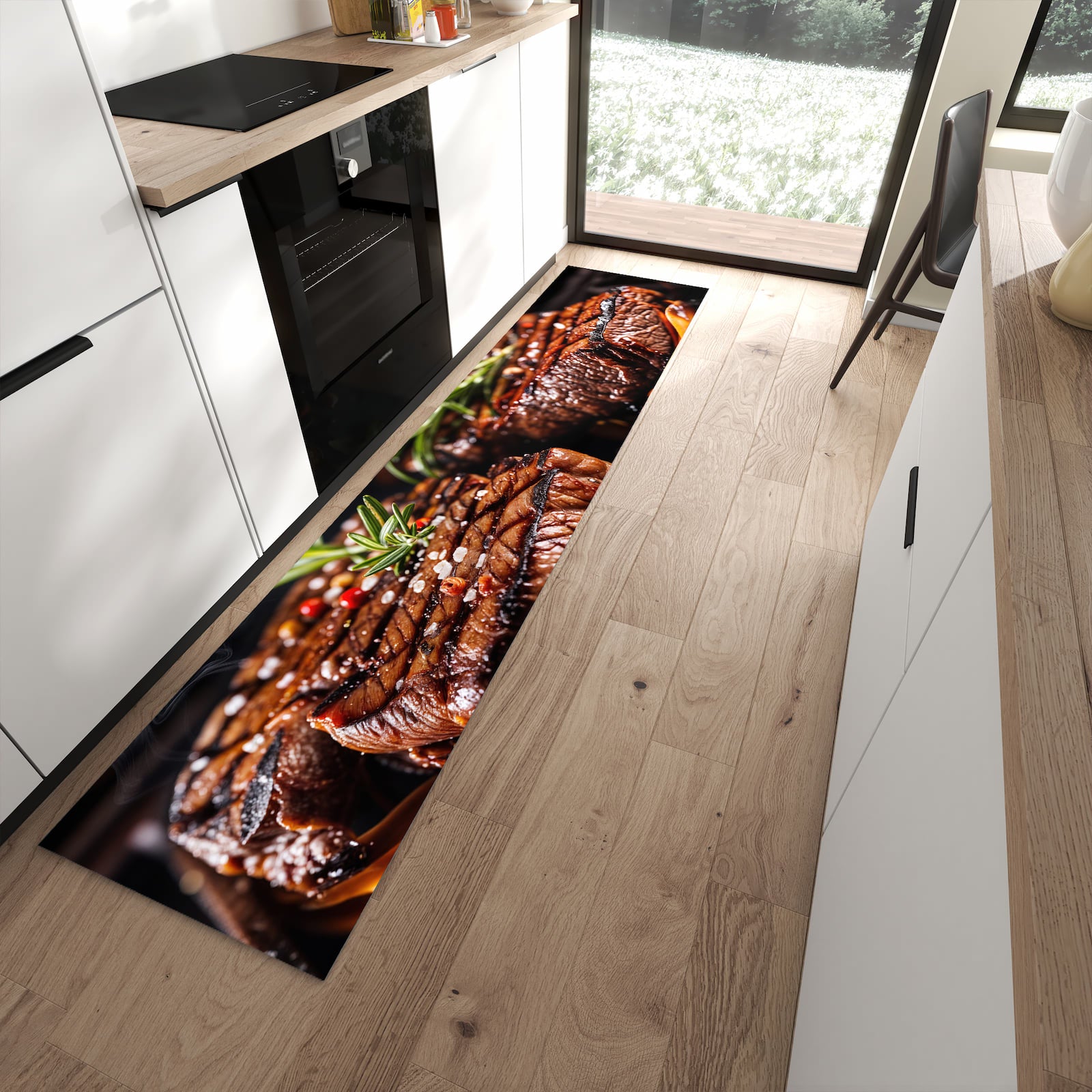 Bodenschonender rutschfester Küchenläufer mit Motiv Gegrillte Steaks in moderner Küche