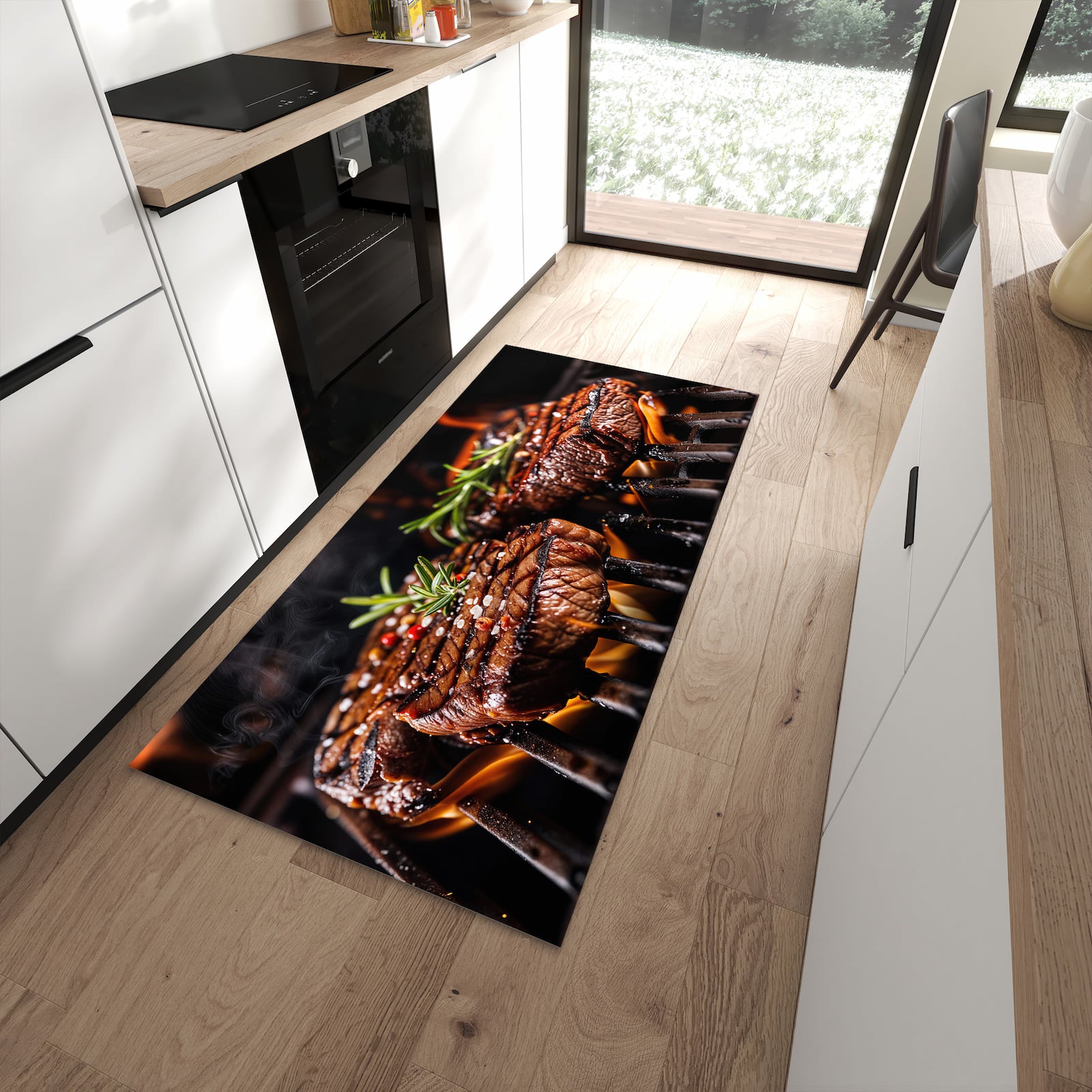 Geräuschdämpfender abwaschbarer Küchenläufer mit Motiv Gegrillte Steaks in moderner Küche
