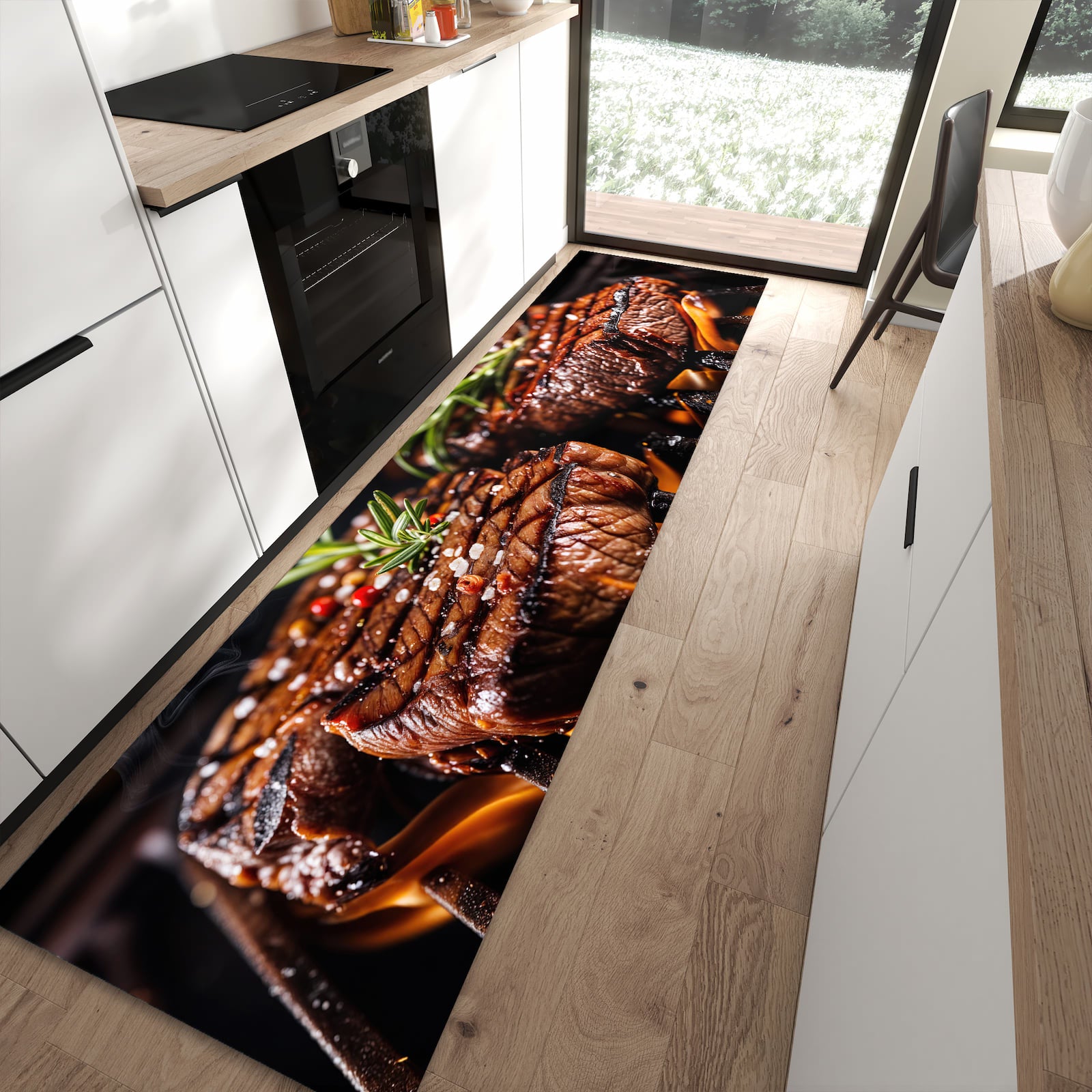 Zeitsparender moderner Küchenläufer mit Motiv Gegrillte Steaks in moderner Küche