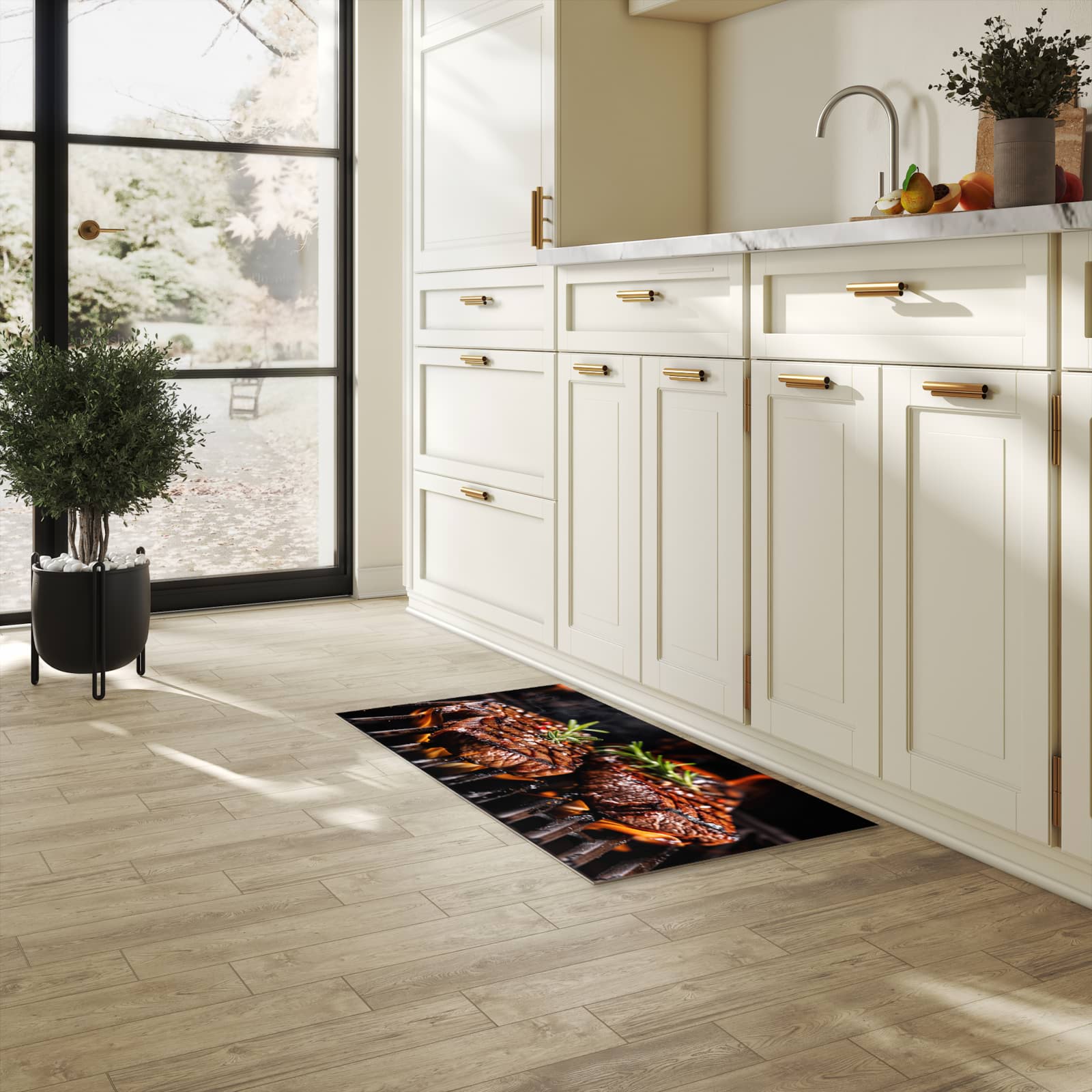 Langlebiger Bodenläufer mit Motiv Gegrillte Steaks in heller Küche