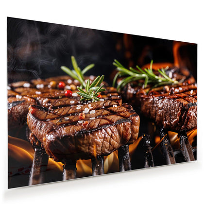 Wandbild mit dem Motiv Steaks über Flammen