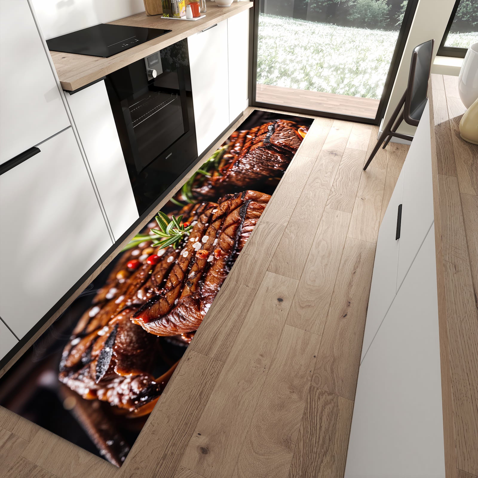 Waschbarer Küchenläufer mit Motiv Gegrillte Steaks für Ordnung in moderner Küche
