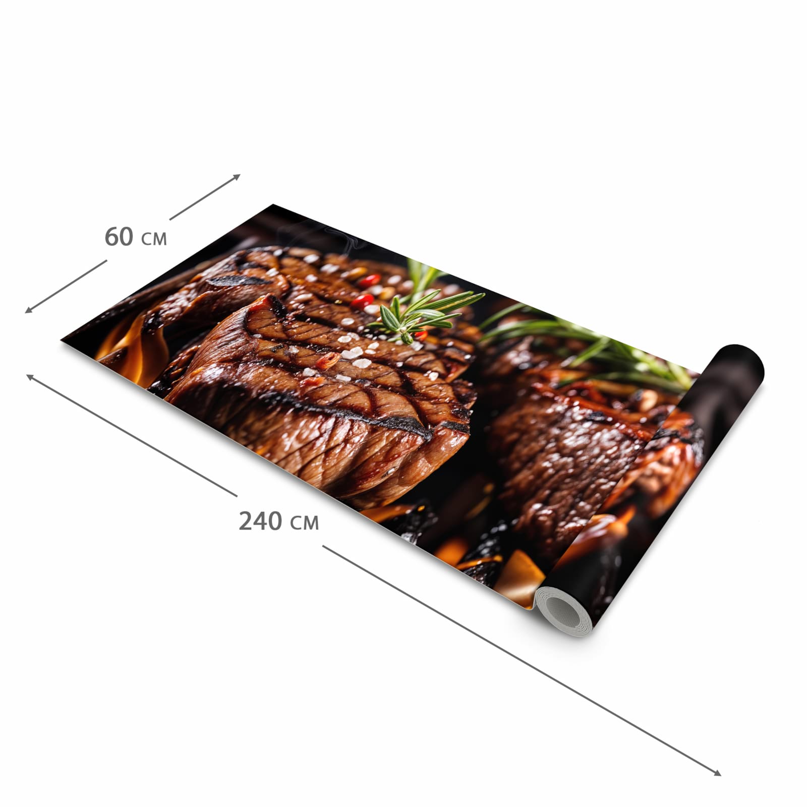 Formstabiler waschbarer Küchenteppich mit Motiv Gegrillte Steaks in der Grösse 60x300 cm