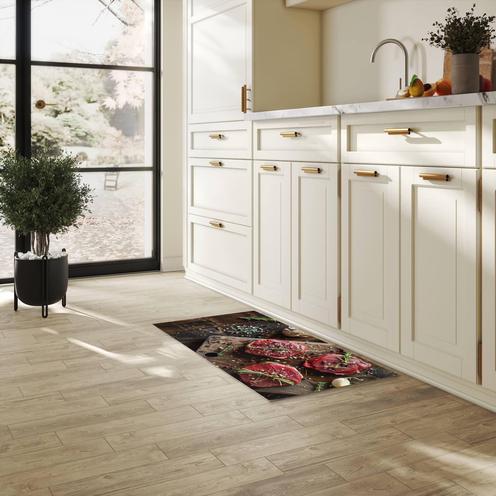 Fleckenresistenter Küchenläufer mit Motiv Frische Gewürze in heller Küche