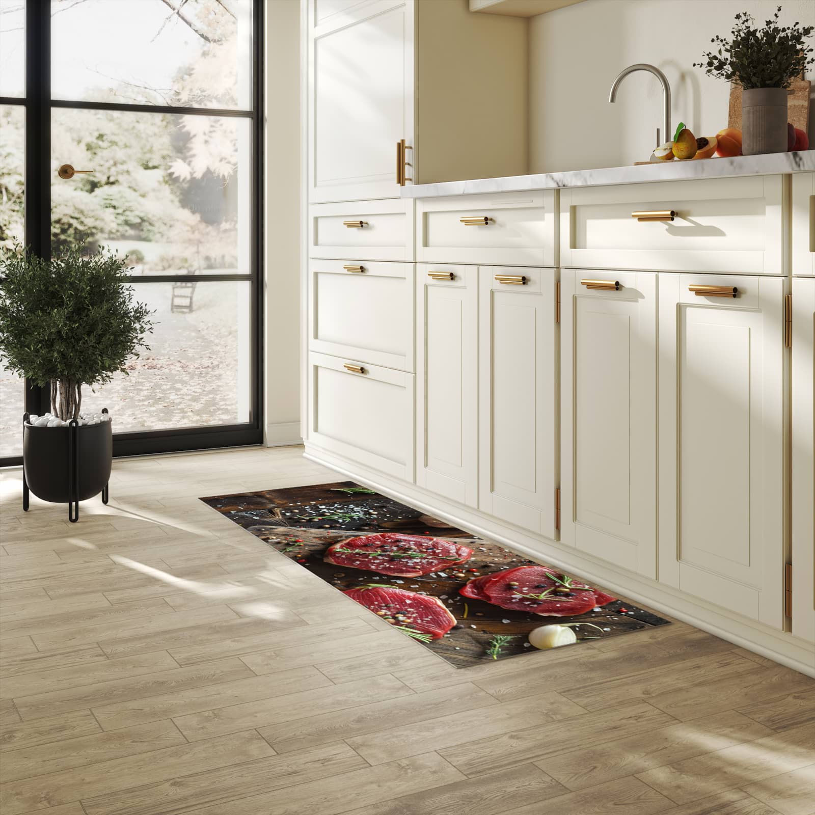 Geruchsneutraler waschbarer Läufer für die Küche mit Motiv Frische Gewürze in heller Küche