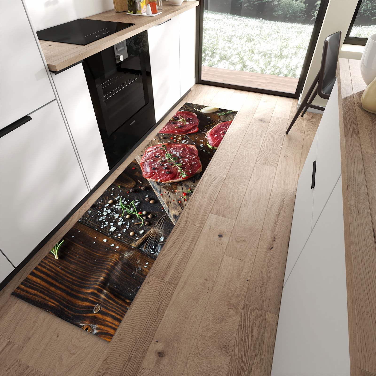 Geruchsneutraler waschbarer Küchenteppich mit Motiv Frische Gewürze in moderner Küche