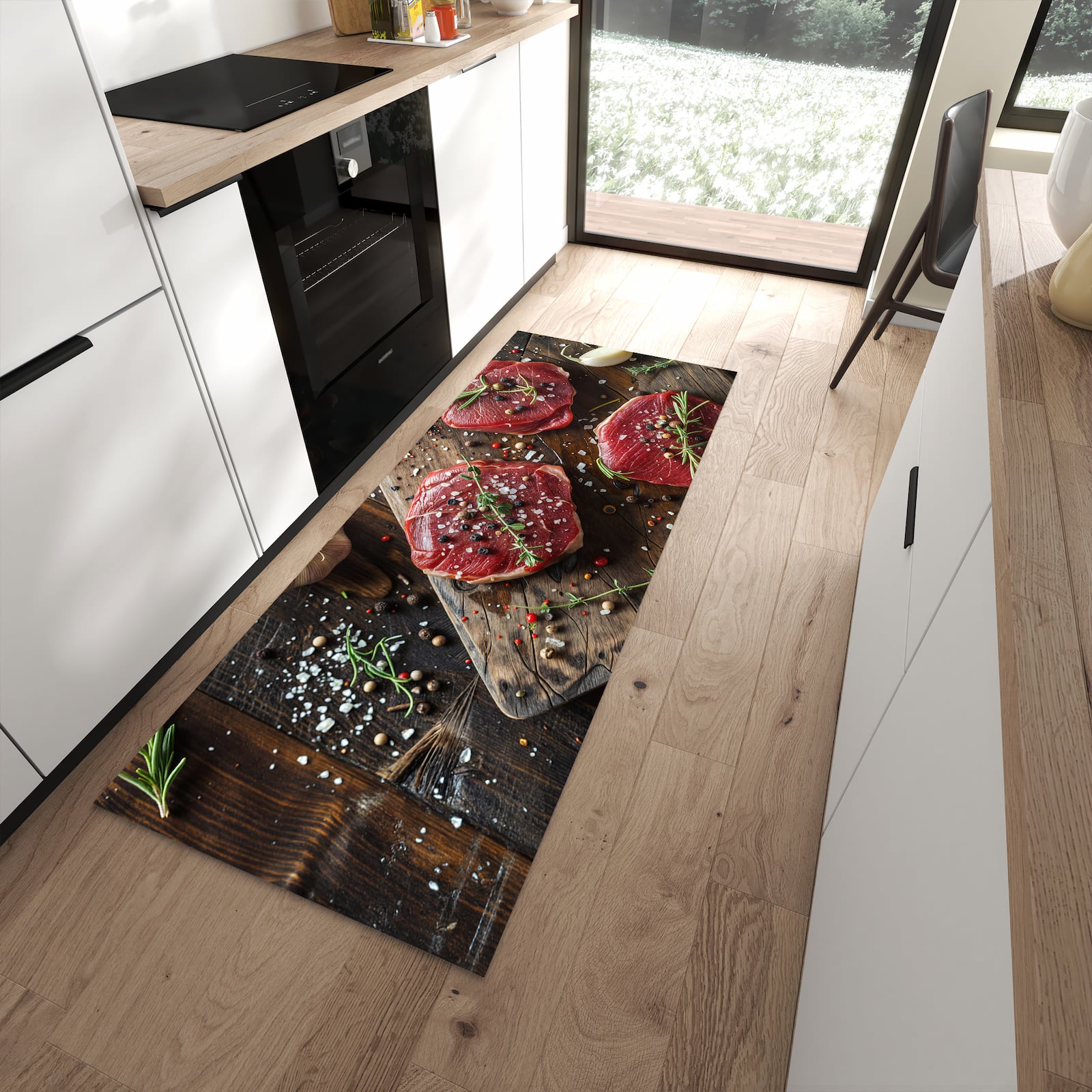 Komfortabler waschbarer Küchenteppich mit Motiv Frische Gewürze in moderner Küche