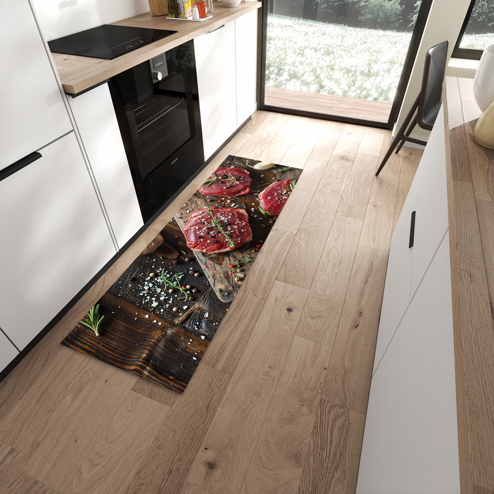 Schmutzabweisender Küchenteppich mit Motiv Frische Gewürze in moderner Küche