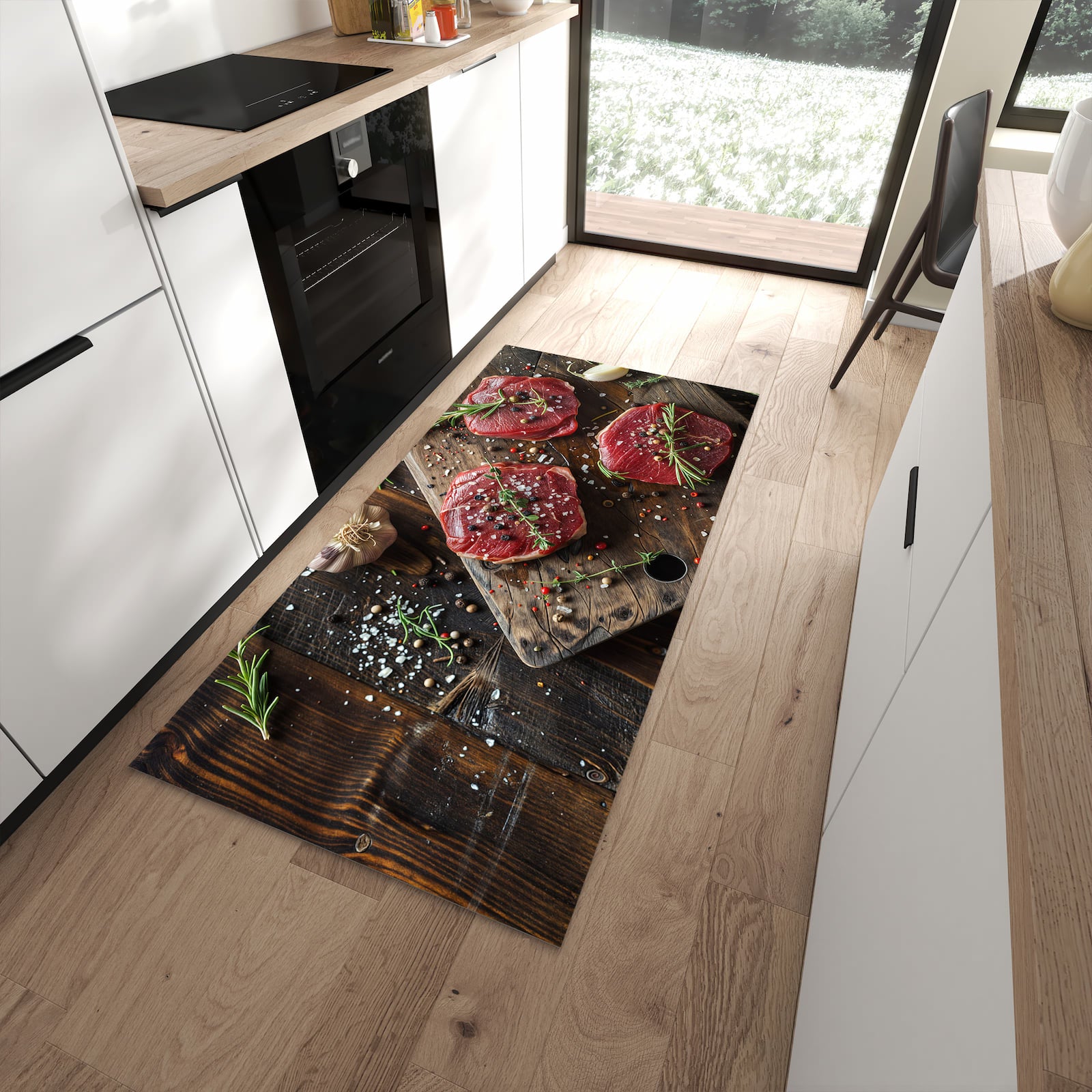 Hygienischer Küchenteppich mit Motiv Frische Gewürze in moderner Küche - waschbar