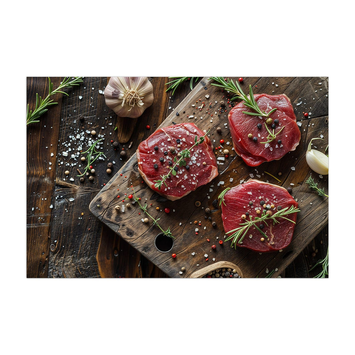 Küchenrückwand aus Glas Steaks mit Knoblauch im Hochformat, Motiv bildfüllend von vorn