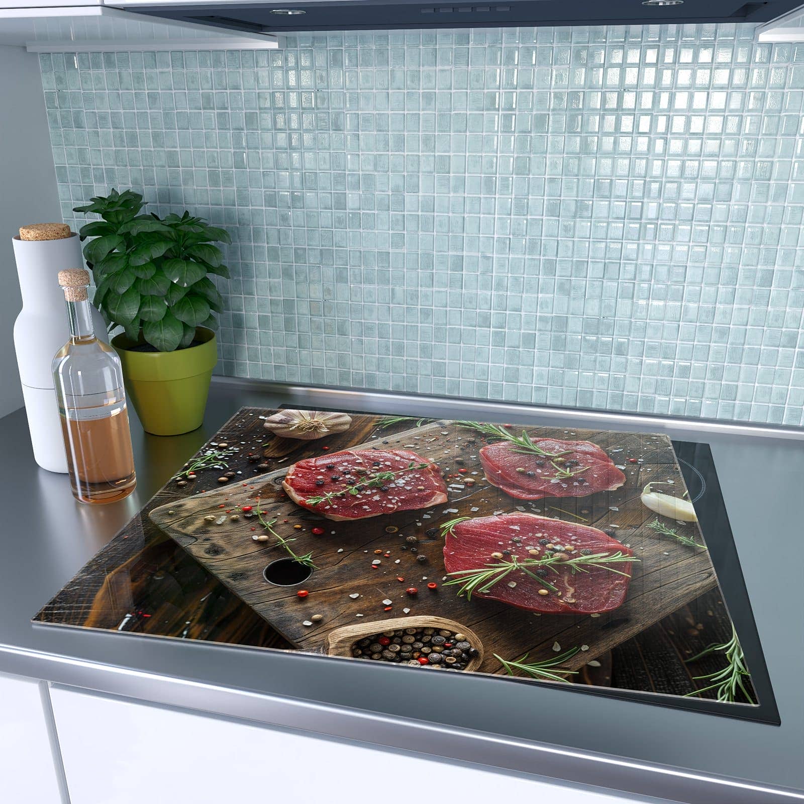 1-teilige Herdabdeckplatte für Ceranfeld mit Frische Gewürze-Motiv in der modernen Küche