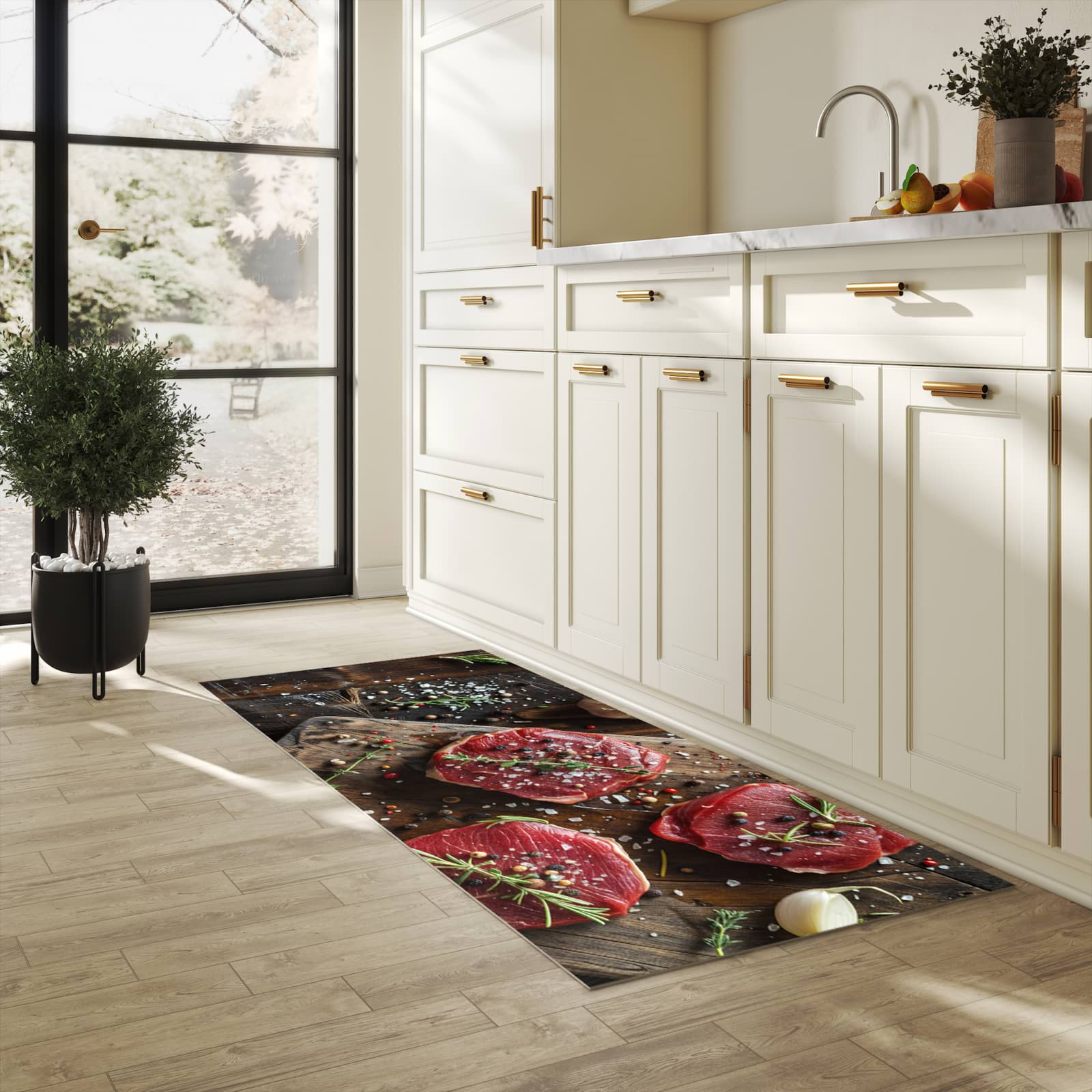 Rutschhemmender dünner Teppich mit Motiv Frische Gewürze in heller Küche