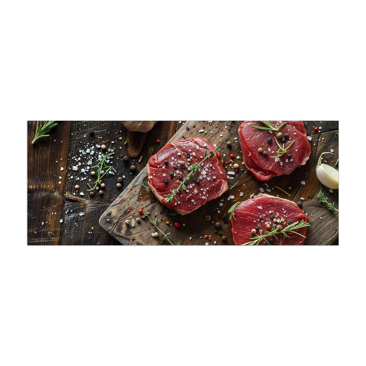 Küchenrückwand aus Glas Steaks mit Knoblauch im Hochformat, Motiv bildfüllend von vorn