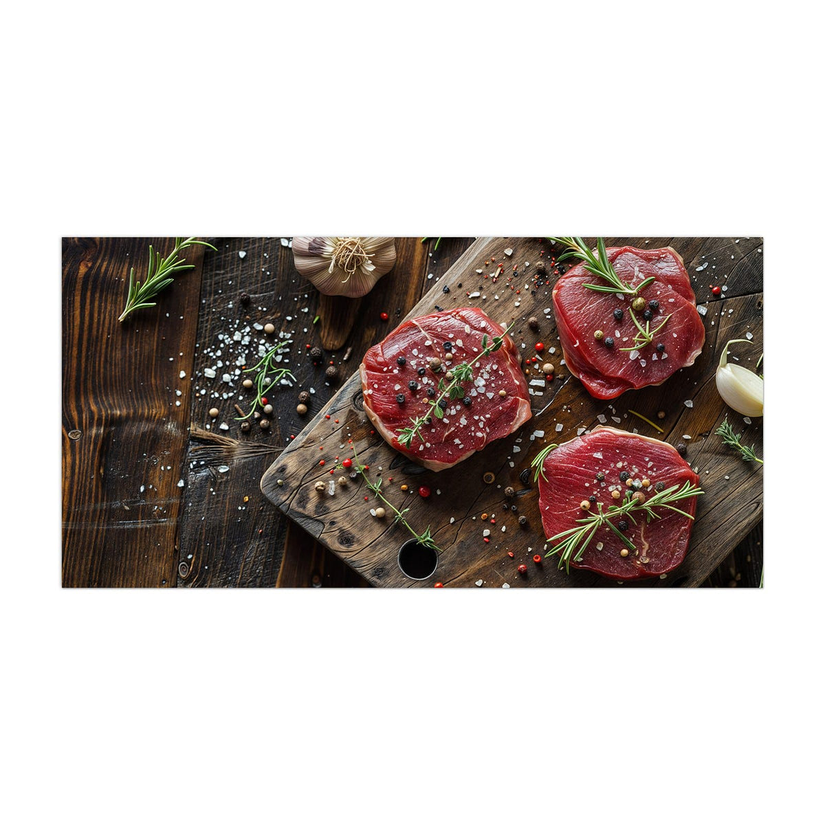 Küchenrückwand aus Glas Steaks mit Knoblauch im Hochformat, Motiv bildfüllend von vorn