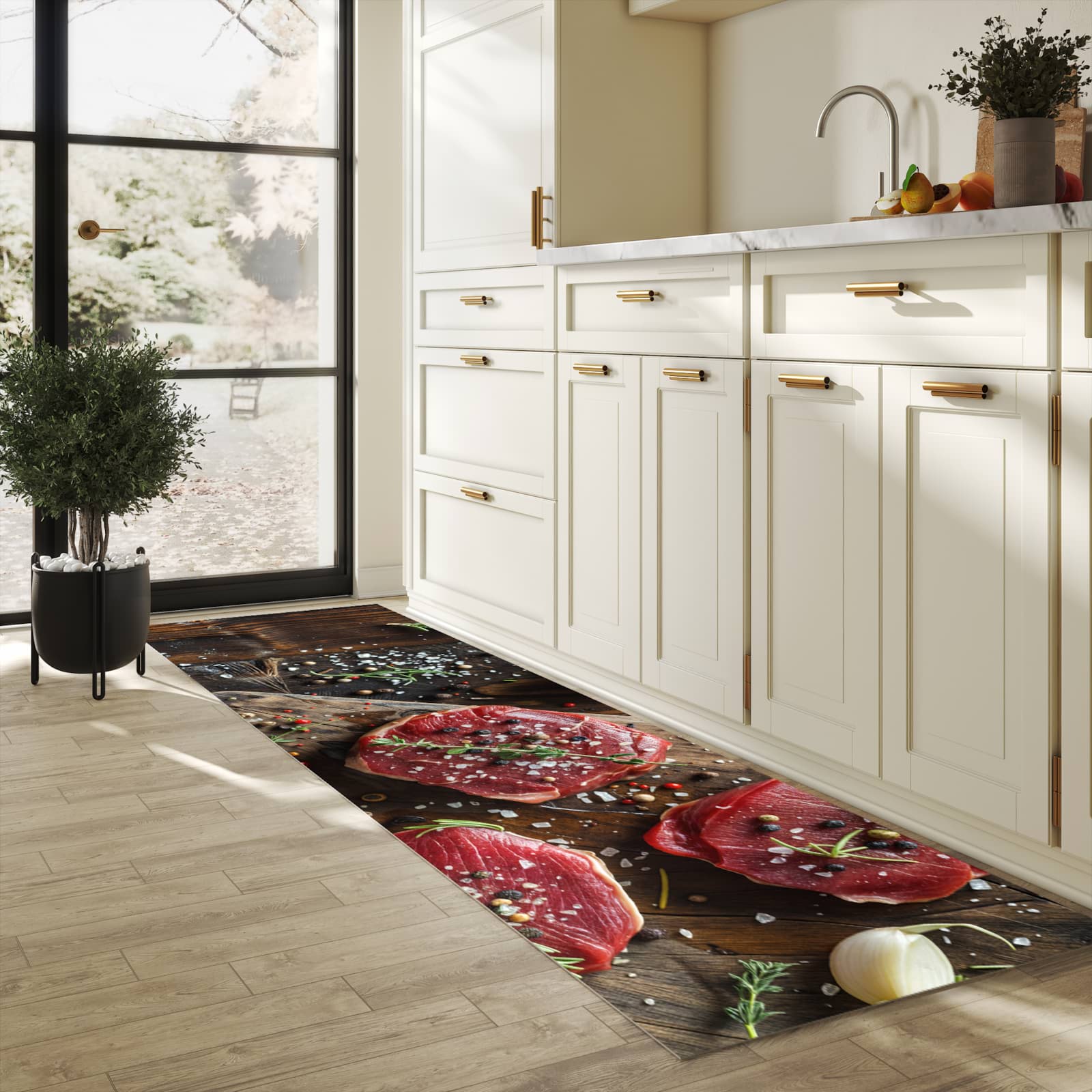 Hygienischer Teppich fürs Esszimmer mit Motiv Frische Gewürze in heller Küche