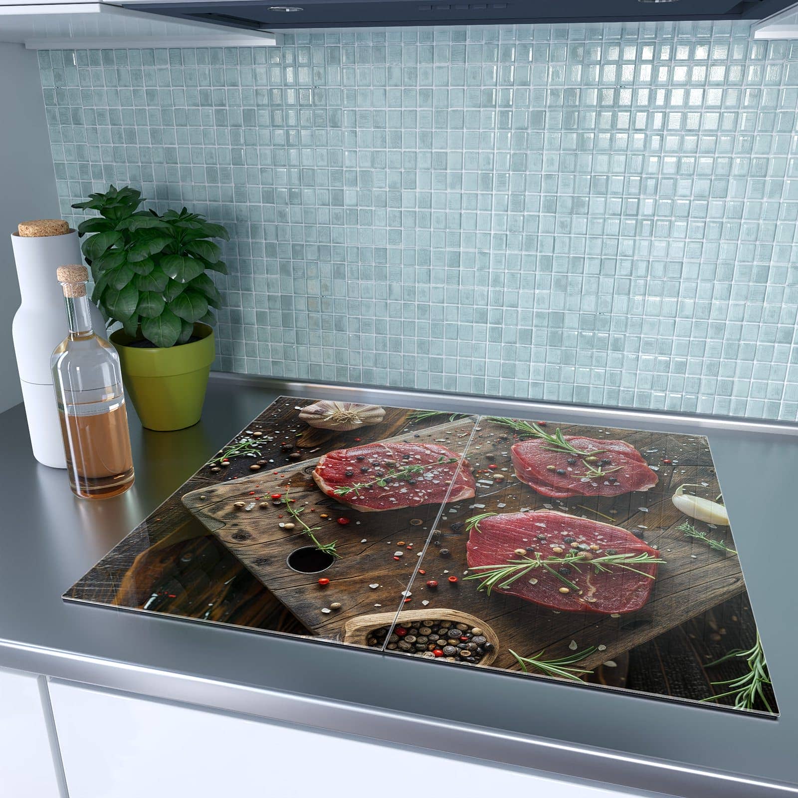 2-teilige Abdeckplatten für Ceranfeld mit Frische Gewürze-Motiv auf dem Ceranfeld