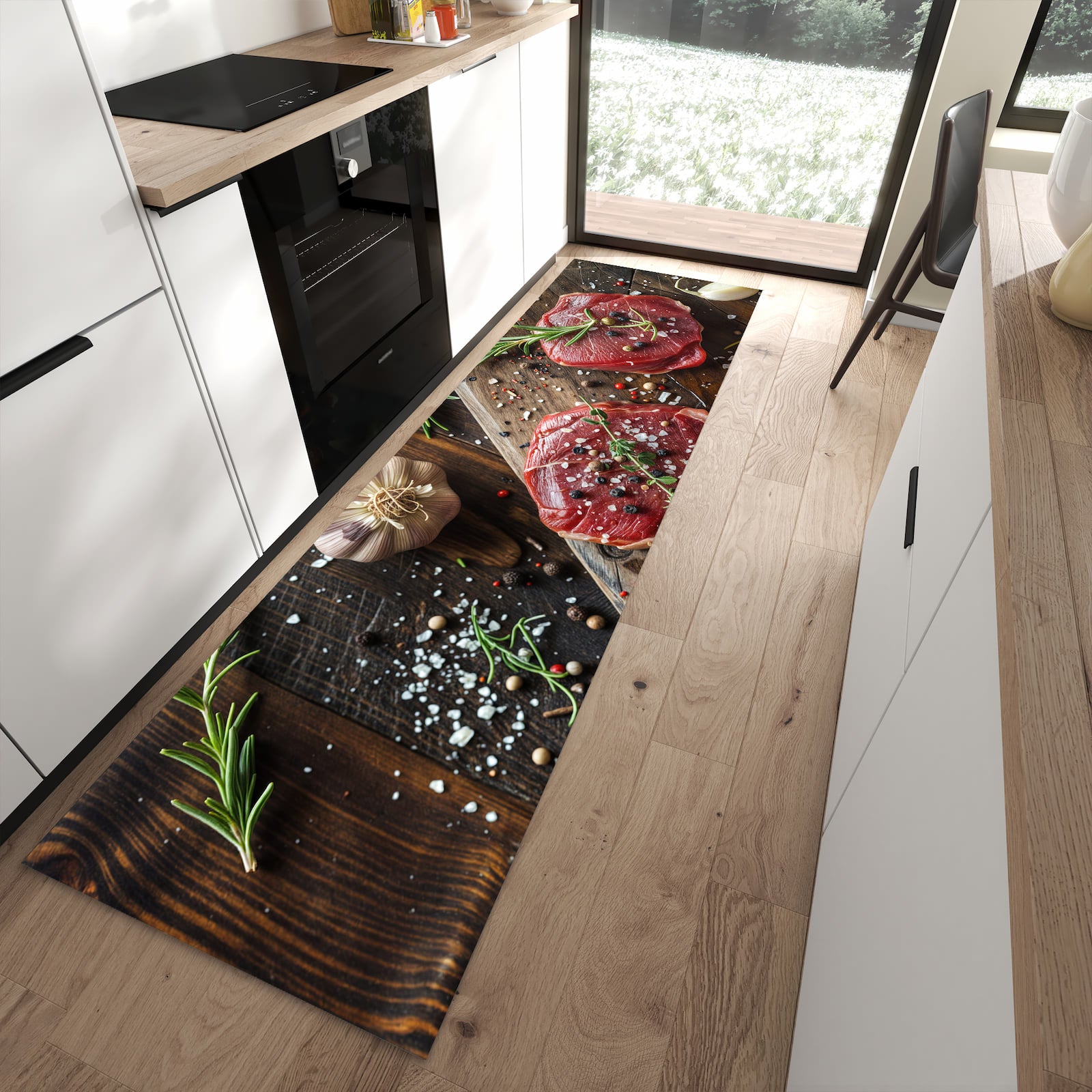 Pflegeleichter großer Küchenteppich mit Motiv Frische Gewürze in moderner Küche