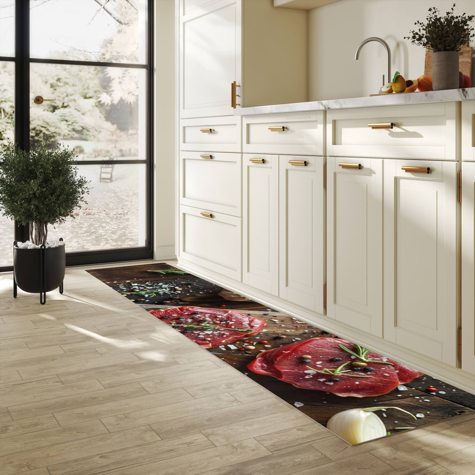 Pflegeleichter Läufer für Eingangsbereich mit Motiv Frische Gewürze in heller Küche