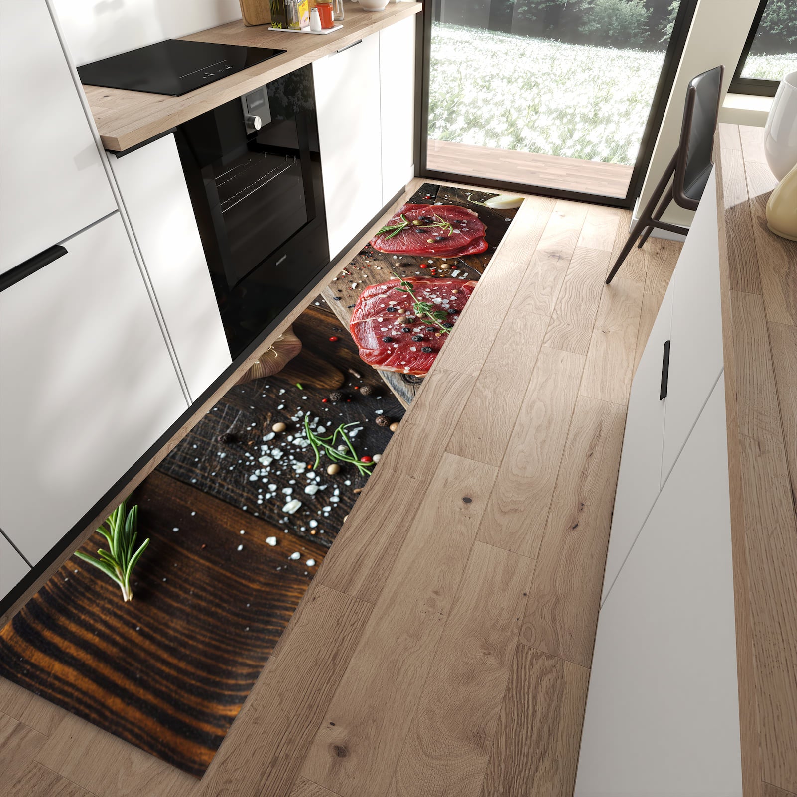 Flacher Küchenteppich mit Motiv Frische Gewürze in moderner Küche für rutschfesten Stand