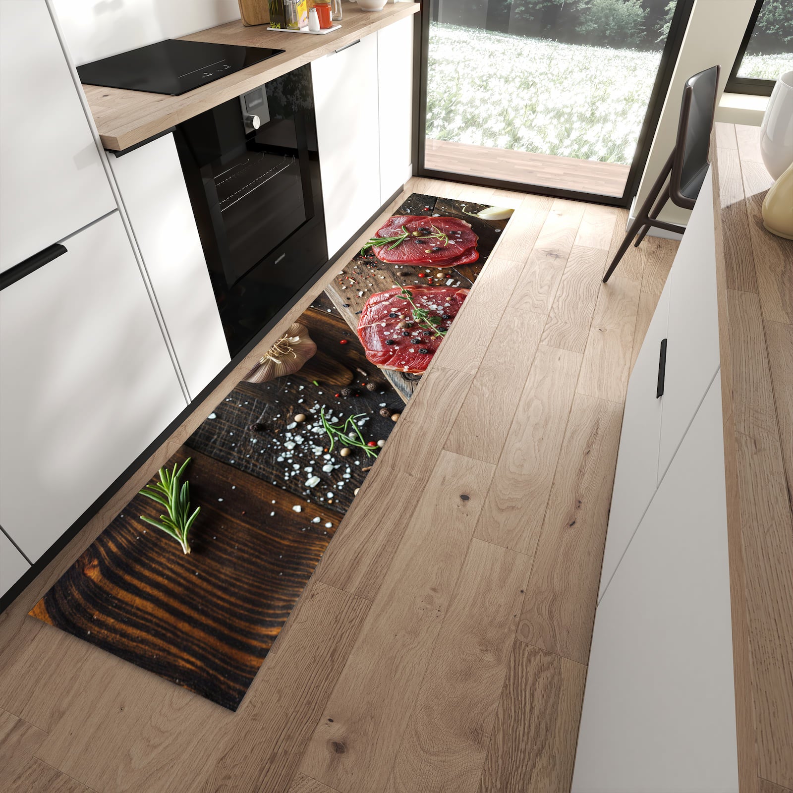 Langlebiger Küchenteppich mit Motiv Frische Gewürze in moderner Küche