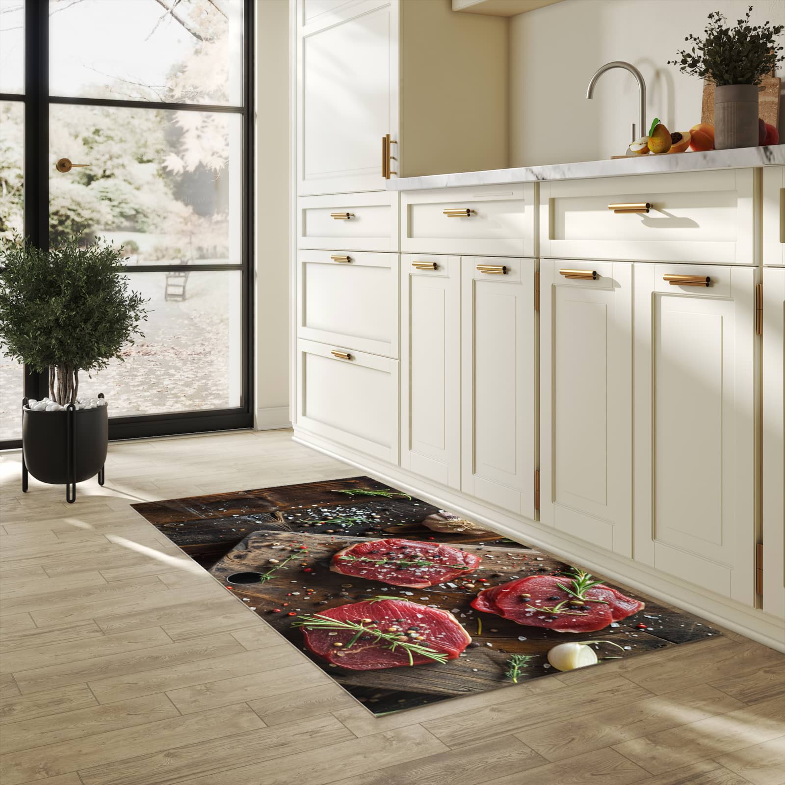 Strapazierfähiger Teppich für Esstisch mit Motiv Frische Gewürze in heller Küche