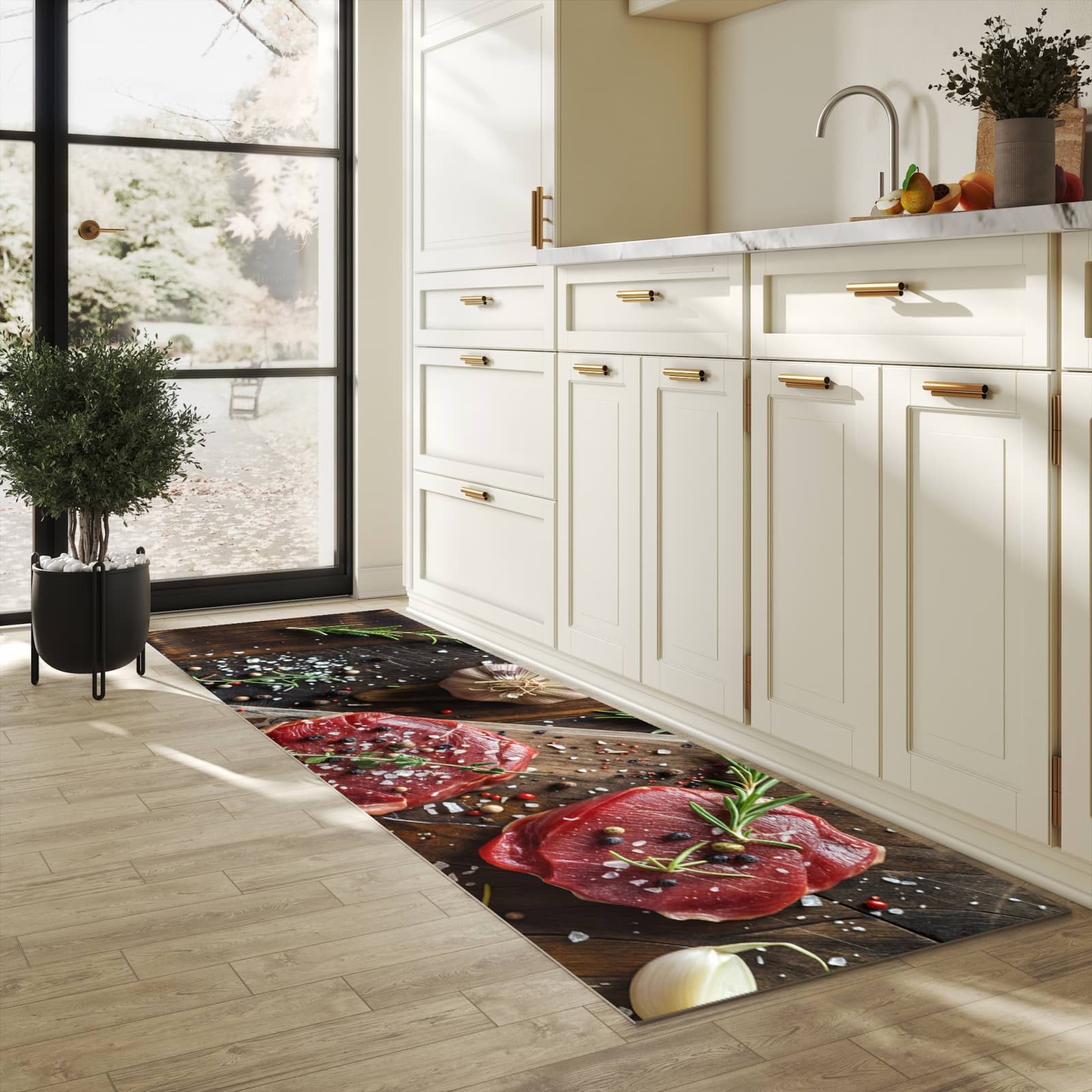 Dünner waschbarer Küchenteppich mit Motiv Frische Gewürze für angenehme Haptik in heller Küche