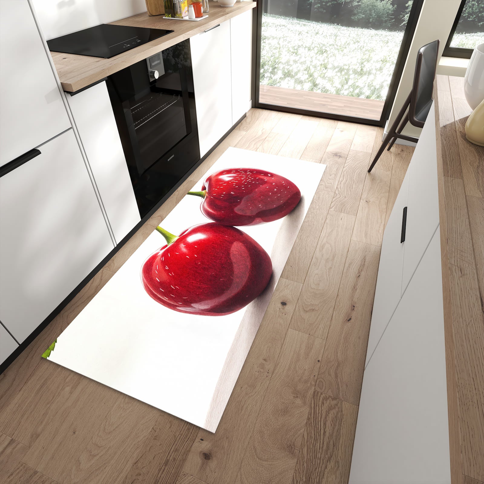 Dünner Küchenteppich mit Motiv Kirschen Duo in moderner Küche für sicheres Aufbewahren