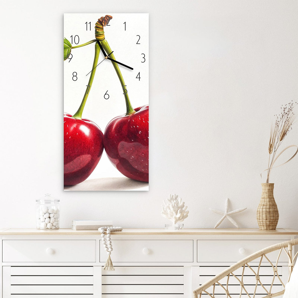 Wanduhr Kirschen Duo aus Glas – Hochformat 30 × 60 cm – Zwei glänzende Kirschen mit Blatt