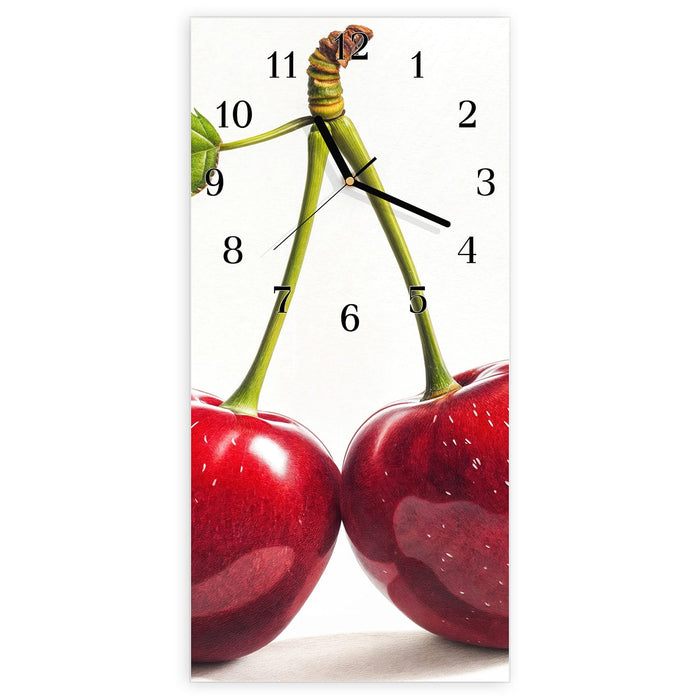 Wanduhr Kirschen Duo aus Glas – Hochformat 30 × 60 cm mit Ziffernblatt Klassisch