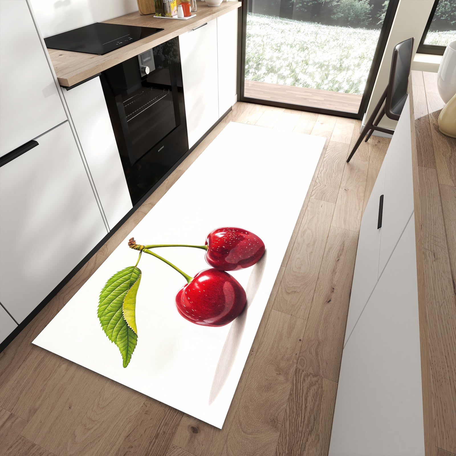 Rutschfester Küchenteppich mit Motiv Kirschen Duo für Trittkomfort in moderner Küche