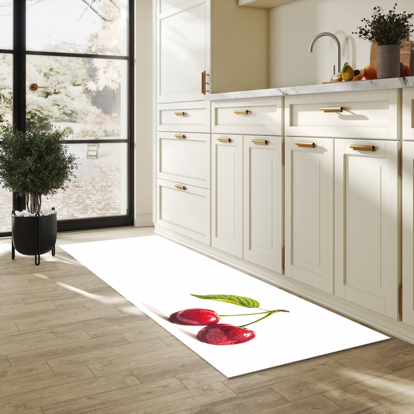 Geräuschdämpfender Küchenläufer mit Motiv Kirschen Duo in heller Küche