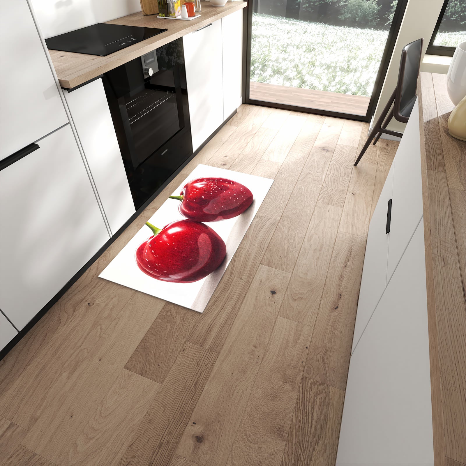 Rutschfester Küchenläufer mit Motiv Kirschen Duo in moderner Küche #grösse_60 x 120 cm