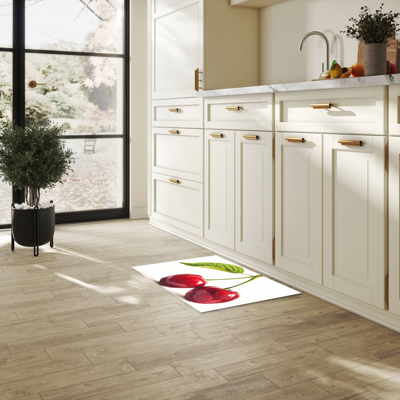 Küchenläufer mit Motiv Kirschen Duo in heller Küche für sichere Aufbewahrung