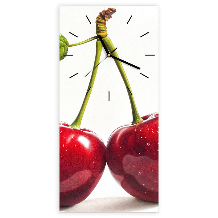Wanduhr Kirschen Duo aus Glas – Hochformat 30 × 60 cm mit Ziffernblatt Linie