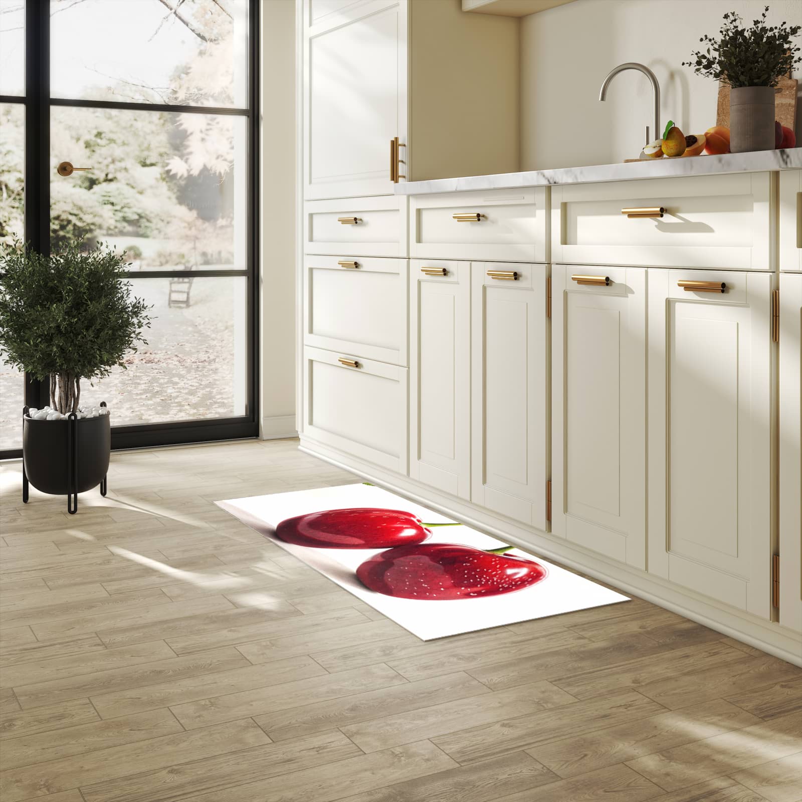 Bodenschonender Küchenteppich mit Motiv Kirschen Duo in heller Küche