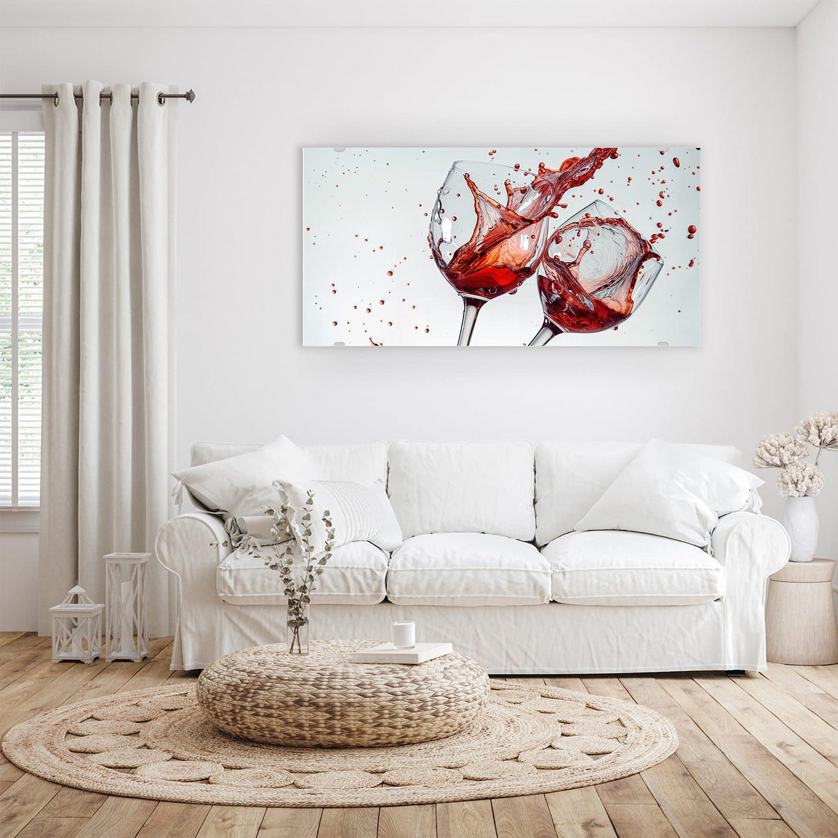 Wandbild - Spritzender Rotwein - Querformat – Rotwein spritzt aus zwei Gläsern