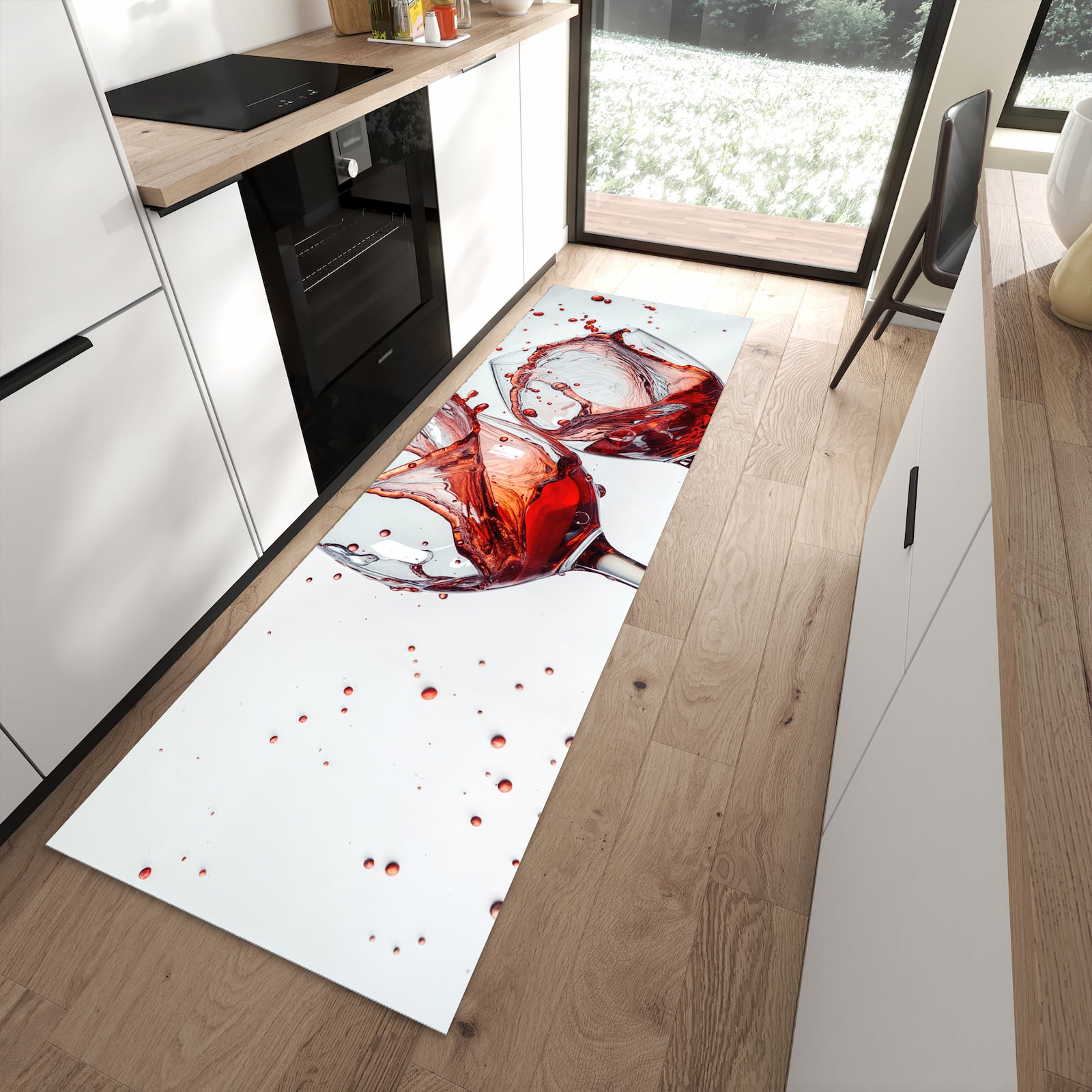 Küchenteppich mit Motiv Weinkelchplätschern für angenehme Haptik in moderner Küche
