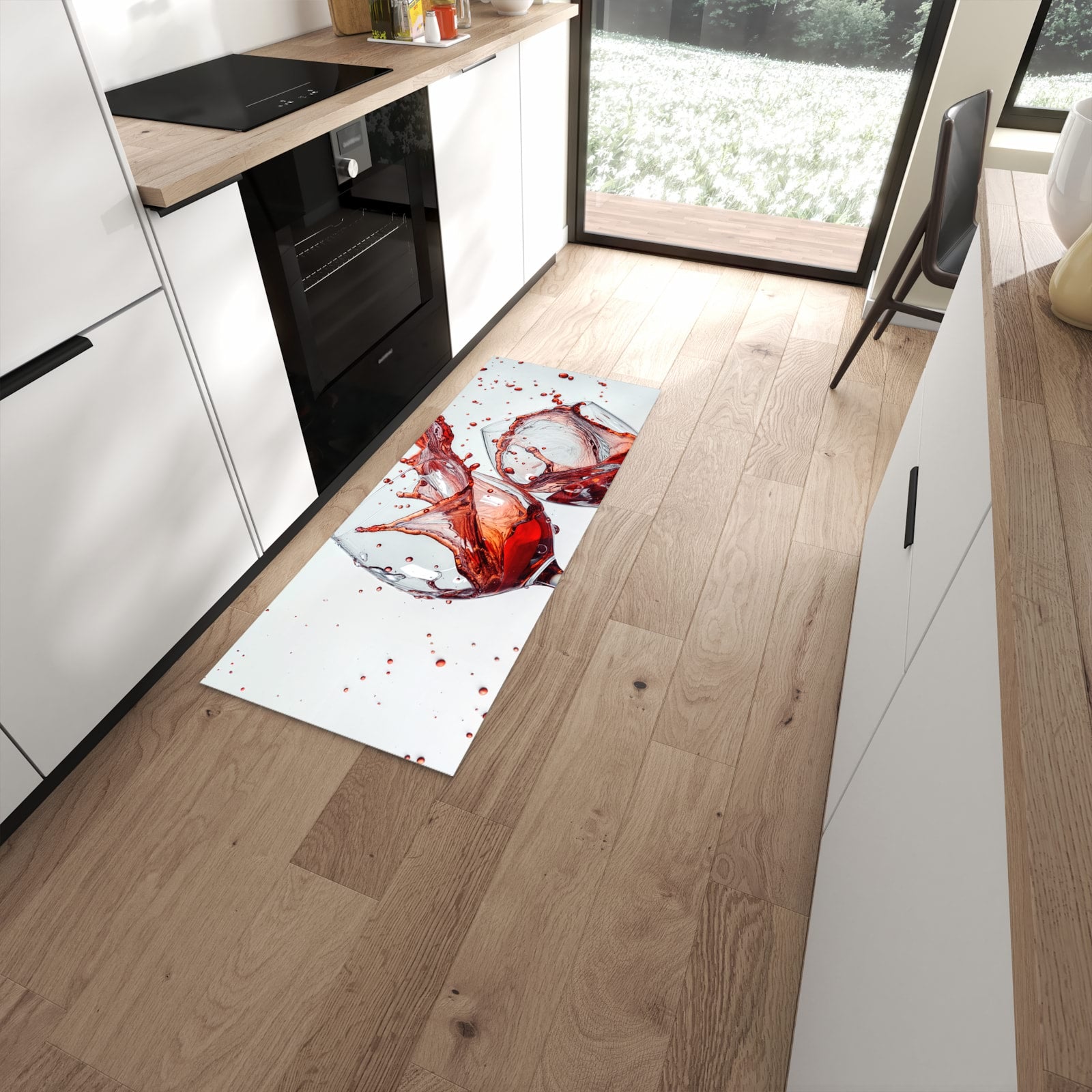 Geruchsneutraler Küchenteppich mit Motiv Weinkelchplätschern in moderner Küche #grösse_60 x 150 cm
