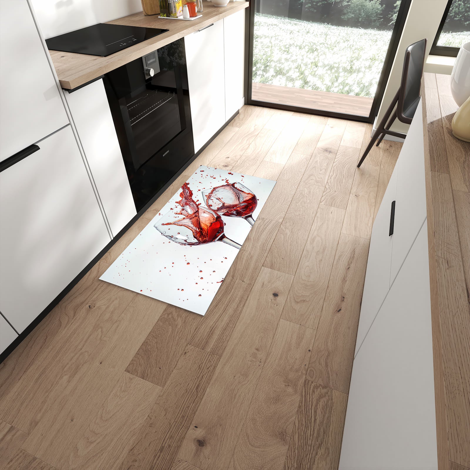 Schmutzabweisender Küchenteppich mit Motiv Weinkelchplätschern in moderner Küche #grösse_60 x 120 cm