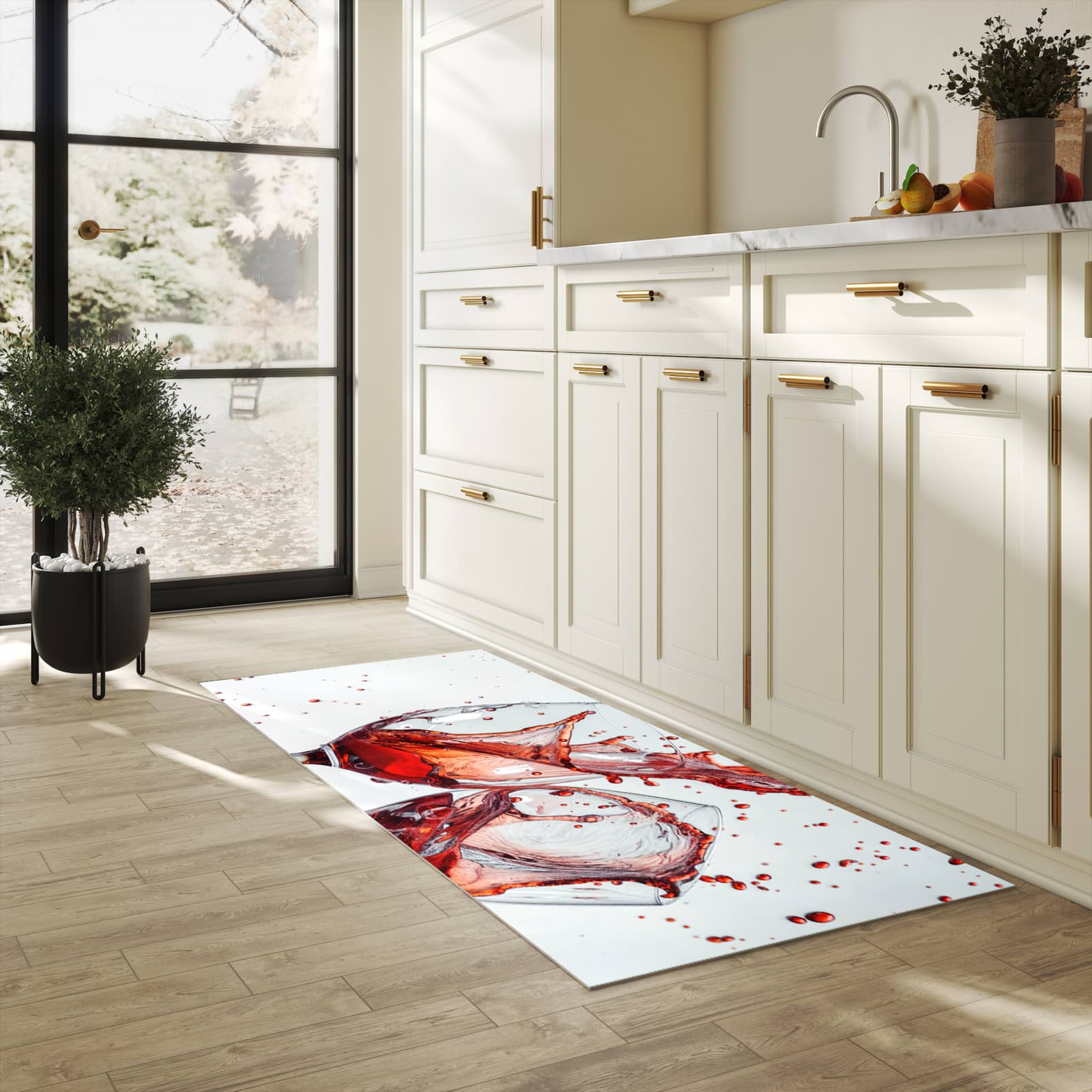 Waschbarer Küchenläufer mit Motiv Weinkelchplätschern in heller Küche für angenehme Haptik