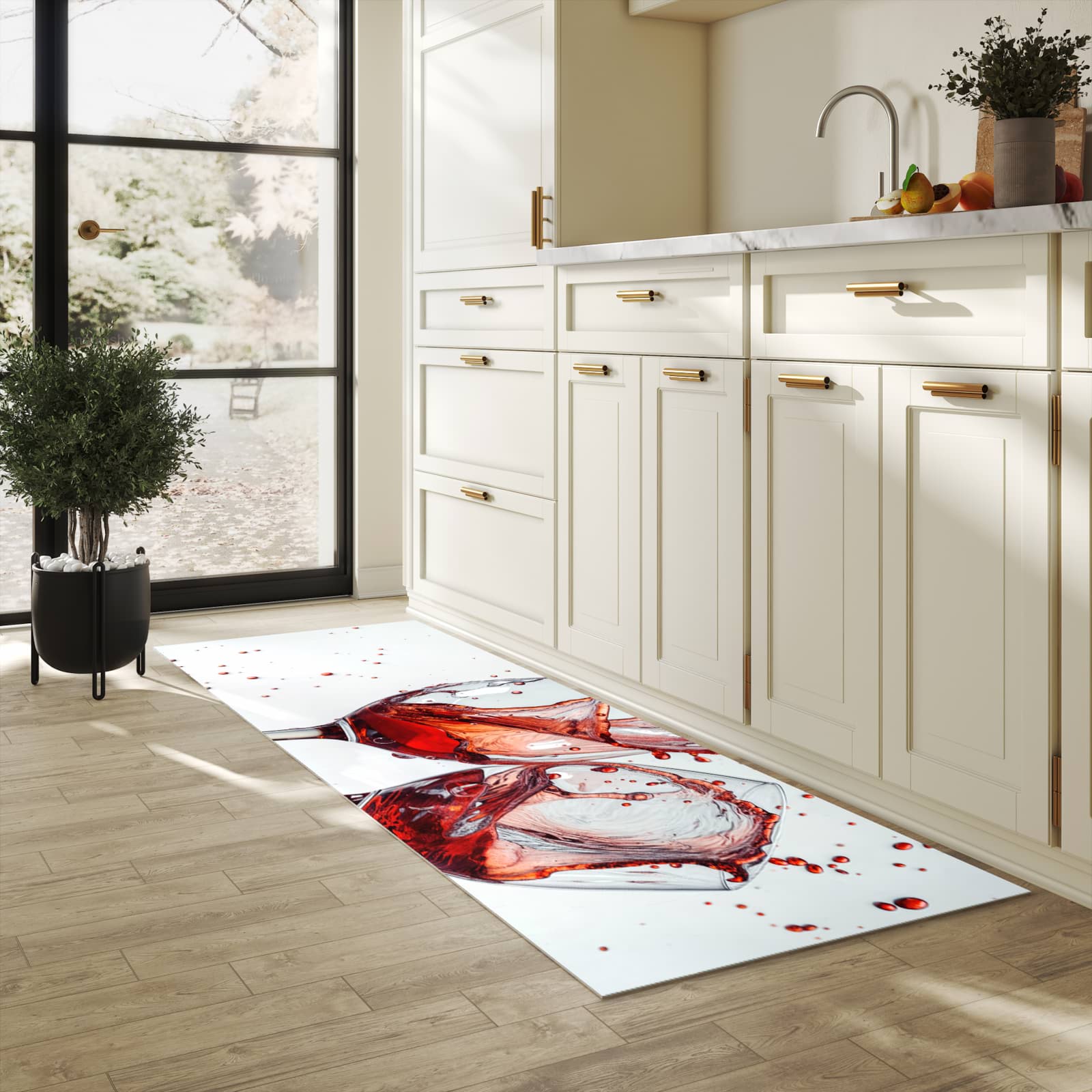 Hygienischer moderner Küchenläufer mit Motiv Weinkelchplätschern in heller Küche