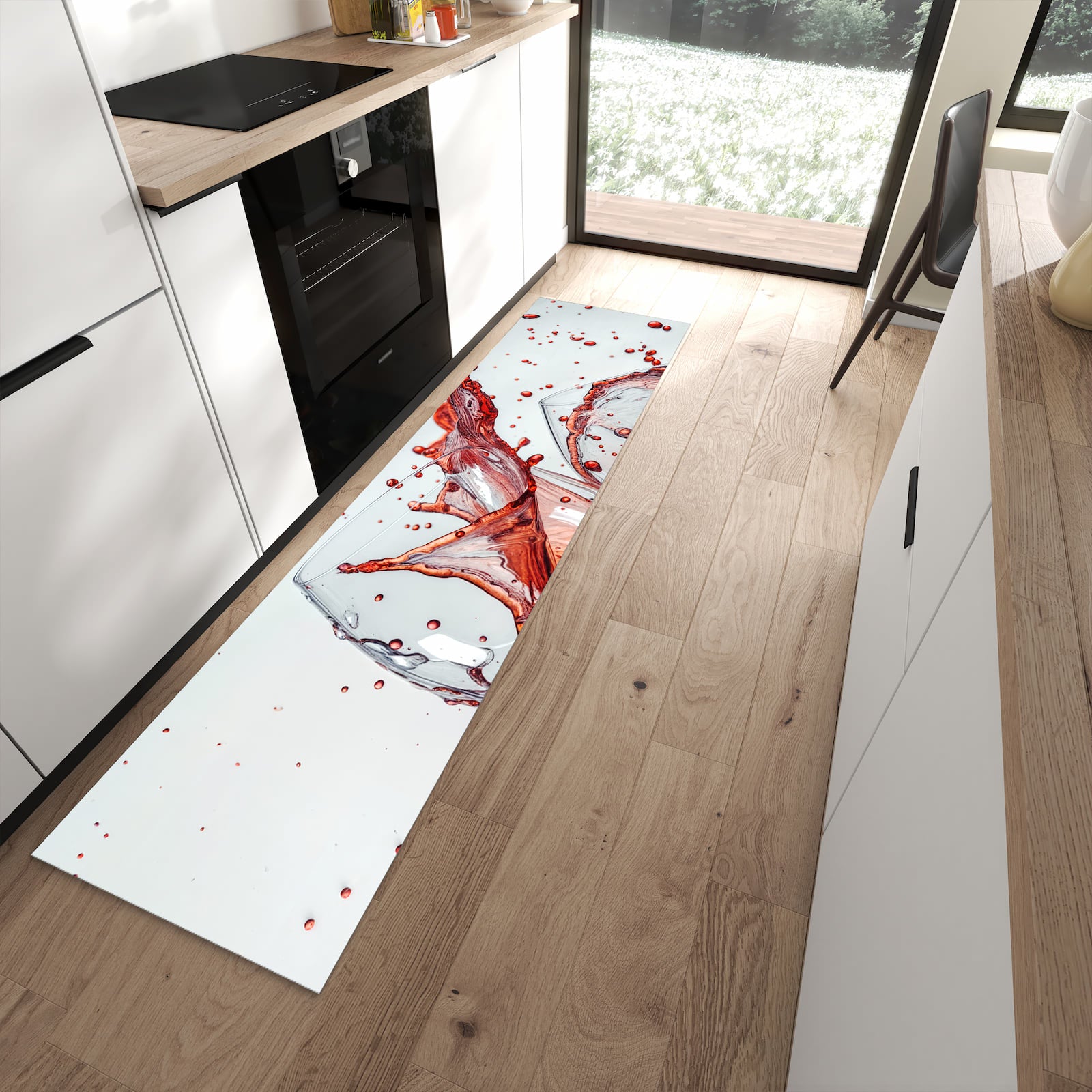 Flacher Küchenteppich mit Motiv Weinkelchplätschern in moderner Küche