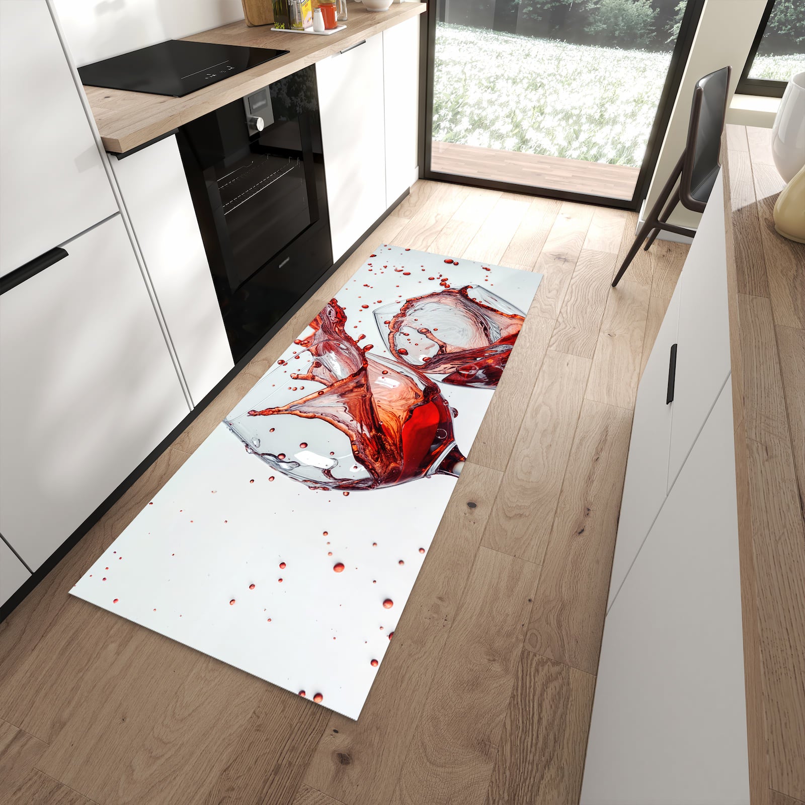 Pflegeleichter Küchenläufer mit Motiv Weinkelchplätschern in moderner Küche