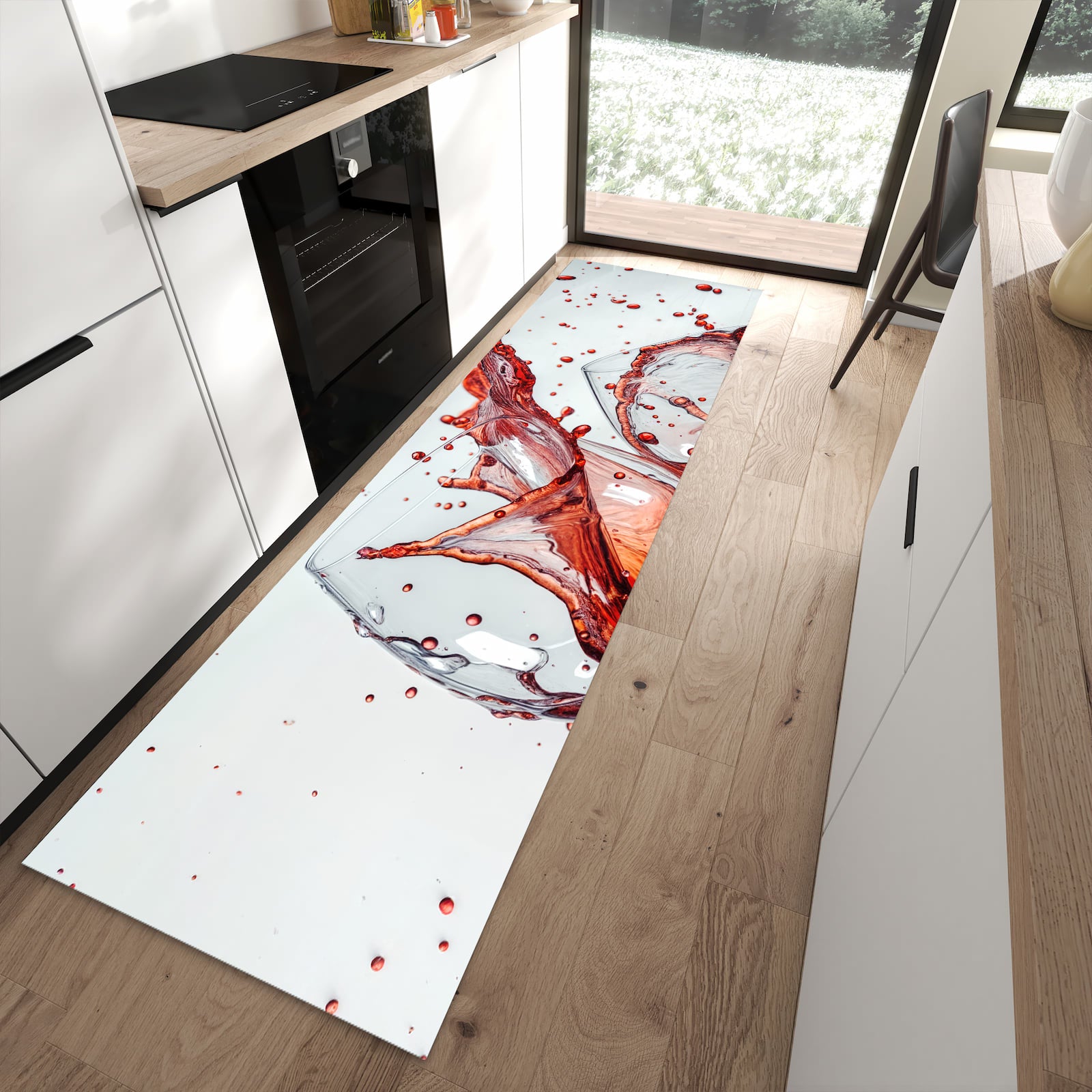 Hygienischer Küchenteppich mit Motiv Weinkelchplätschern in moderner Küche