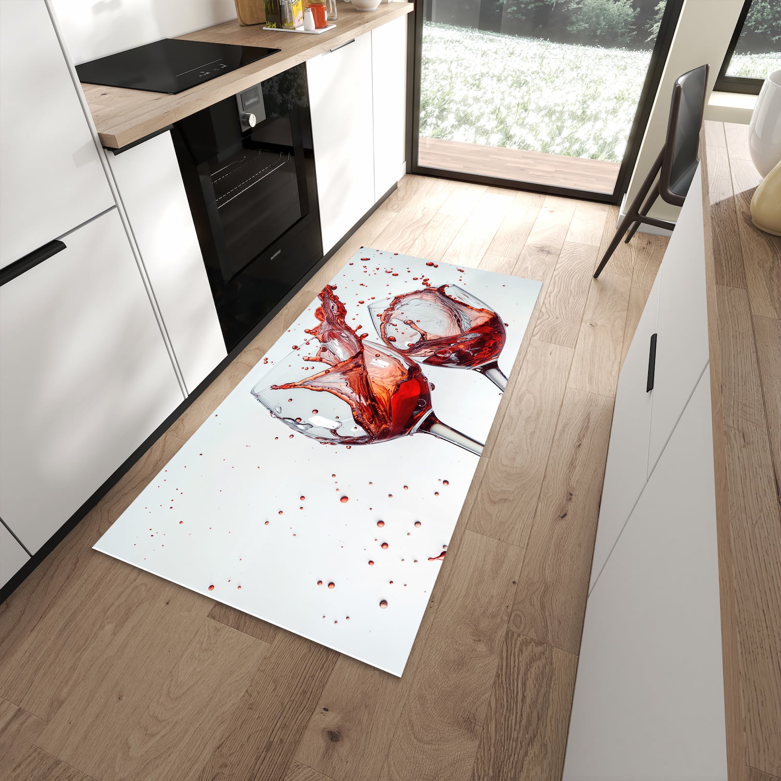 Waschbarer Küchenteppich mit Motiv Weinkelchplätschern in moderner Küche