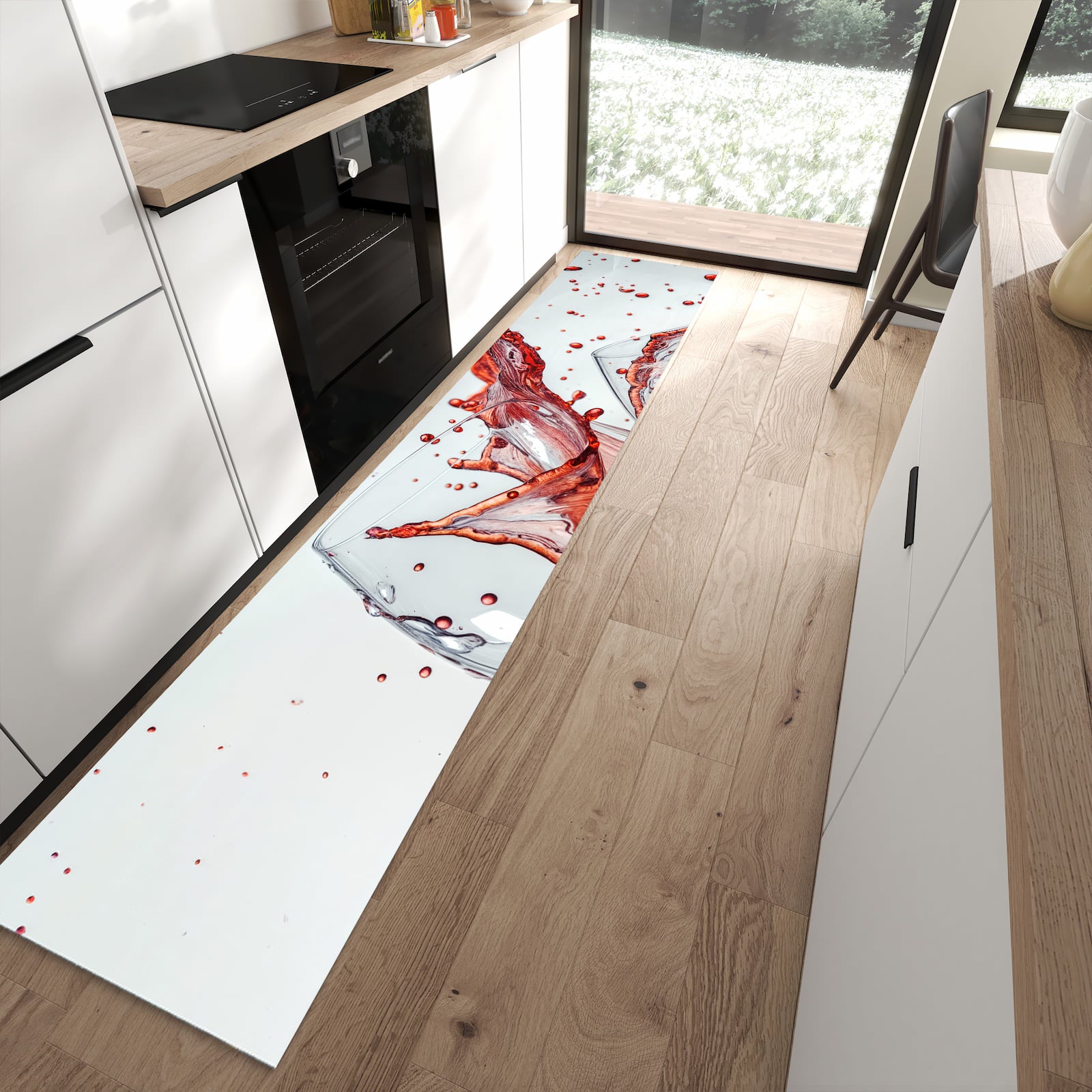 Komfortabler Küchenteppich mit Motiv Weinkelchplätschern in moderner Küche