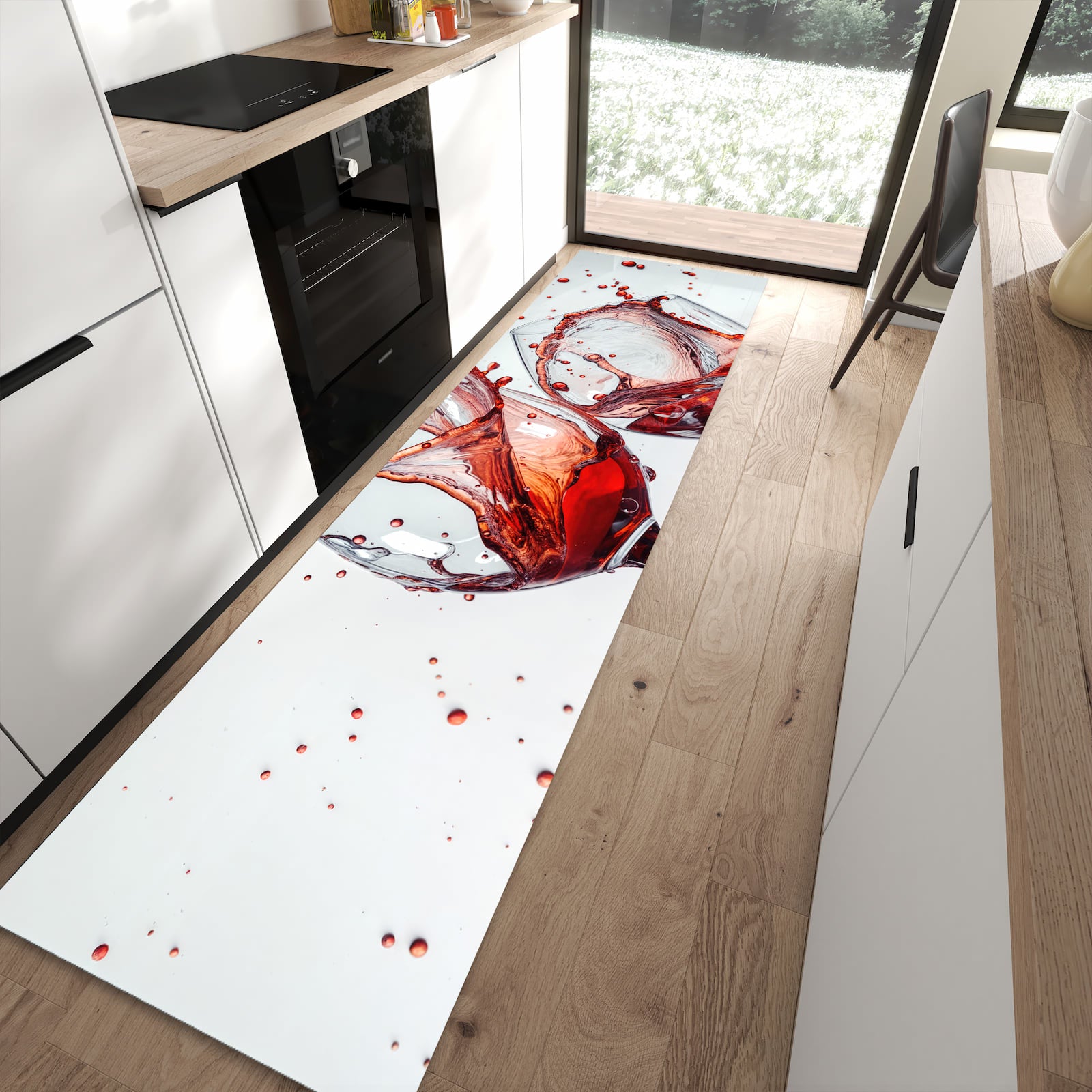 Strapazierfähiger Küchenvorleger mit Motiv Weinkelchplätschern in moderner Küche