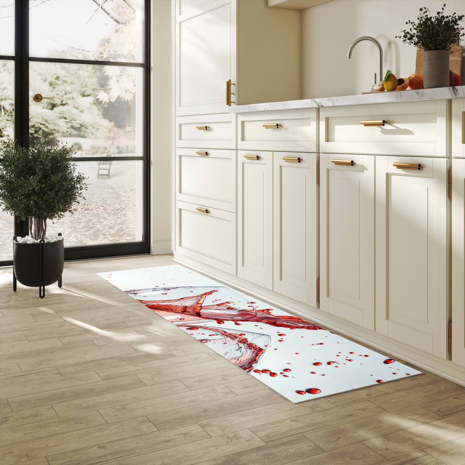 Pflegeleichter waschbarer Küchenläufer mit Motiv Weinkelchplätschern in heller Küche